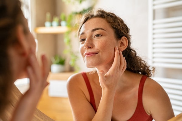 Young women checking her skin in the mirror