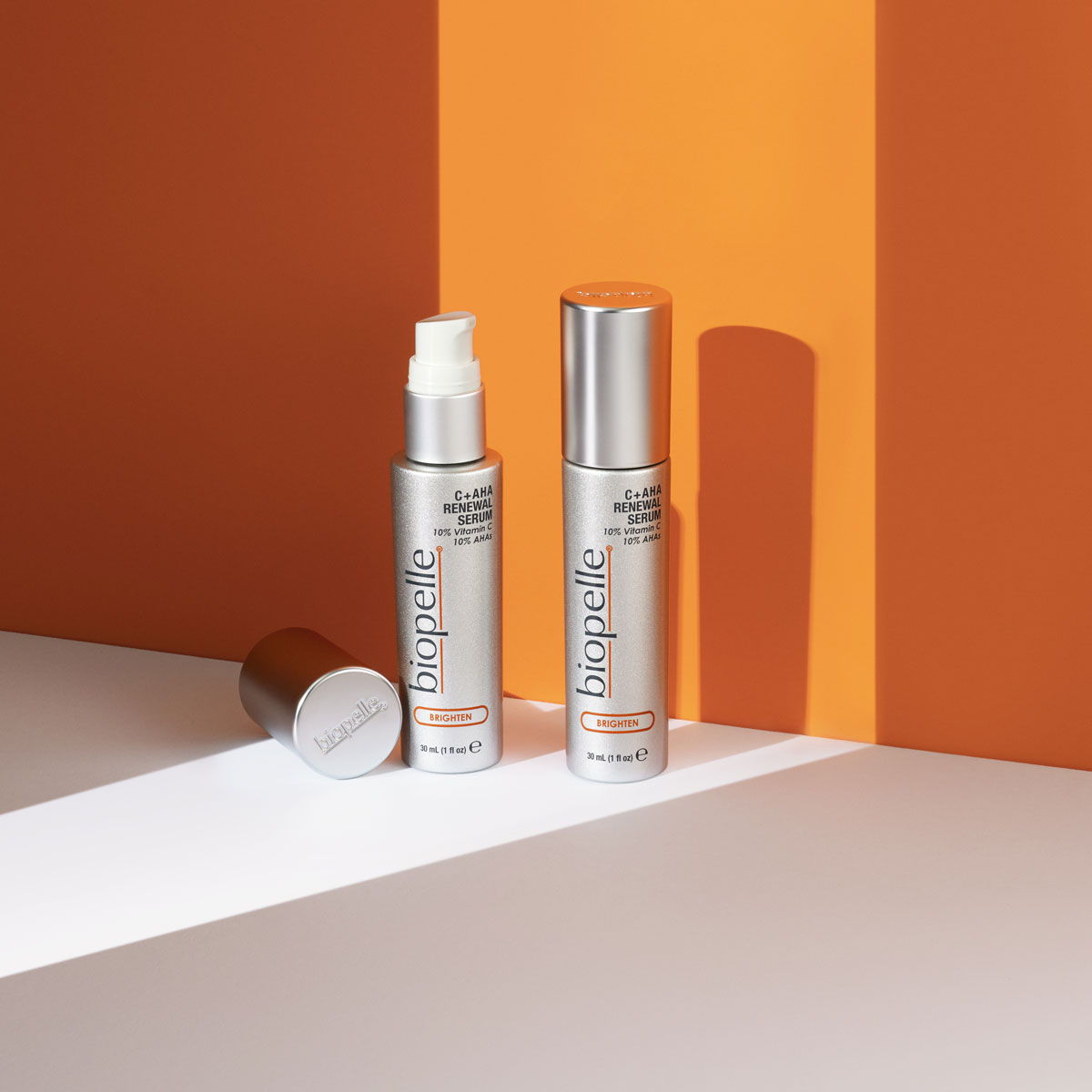 Biopelle Brighten C+AHA product shot. Three bottles.