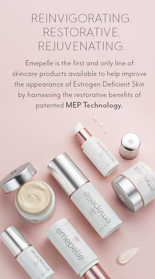 Reinvigorating Restorative Rejuvenating. Emepelle is the first and only line of skincare products available to help improve the appearance of the Estrogen deficient Skin by harnessing the restorative benefits of patented MEP Technology.
