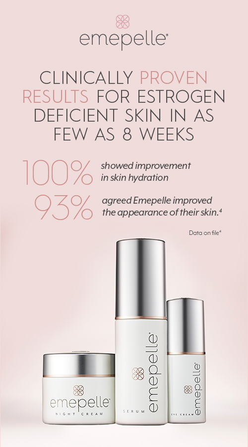 Emepelle. Clinically Proven results for estrogen deficient skin is an few as 8 weeks. 100% showed improvement in skin hydration.  93% agreed Emepelle improved the appearance of their skin. 